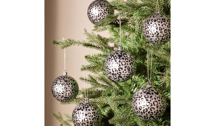 Argos Home Black Leopard Print Silver Christmas Baubles - Pack of 6