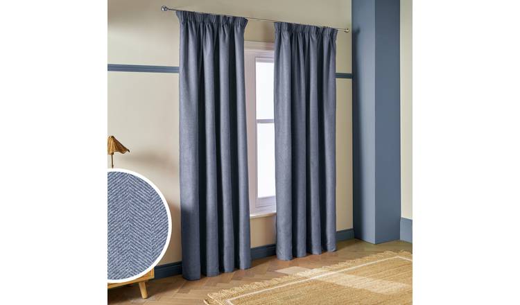 Habitat Textured Blackout Herringbone Pencil Pleat Curtain - Navy - 168x229cm