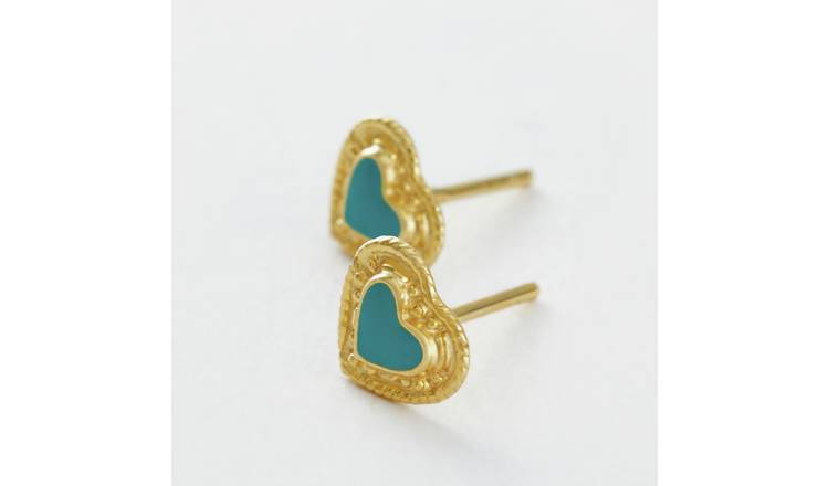 Revere Kids Gold Plated Sterling Silver Aqua Enamel Centre Heart Stud Earrings