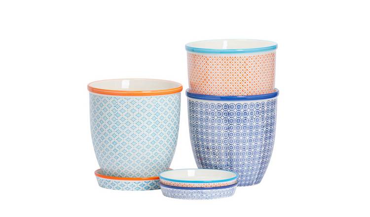 Nicola Spring Hand-Printed Plant Pots with Saucers - 3 Colours