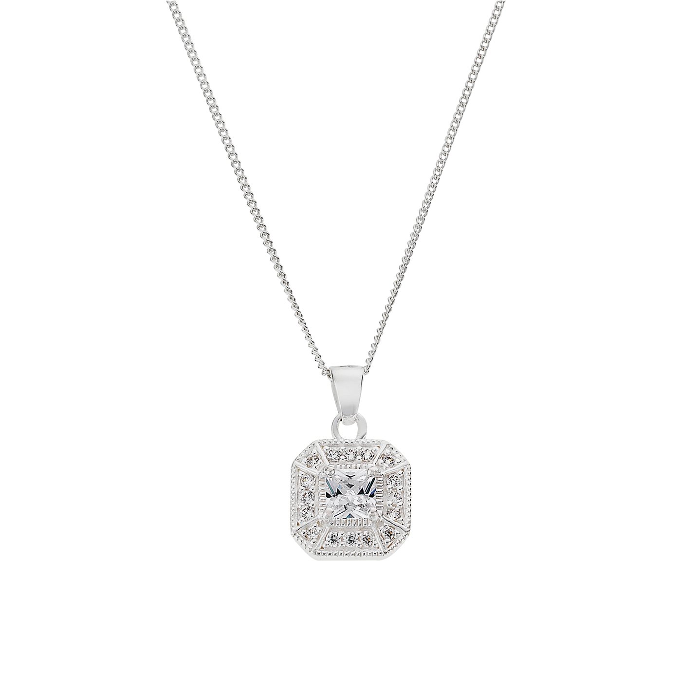 Revere Silver Square Halo Pendant 18 Inch Necklace