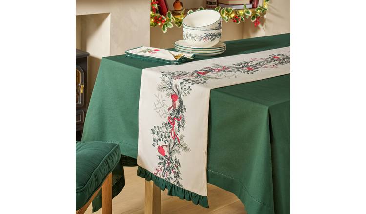 Argos Home Robin Reversible Table Runner with Frill - White & Green
