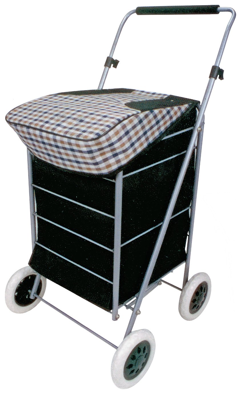 4 Wheel Folding Black and Check Print Shopping Trolley