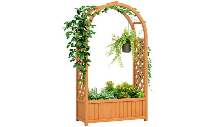 Outsunny Raised Garden Bed with Arch Trellis and Drainage Holes - Brown