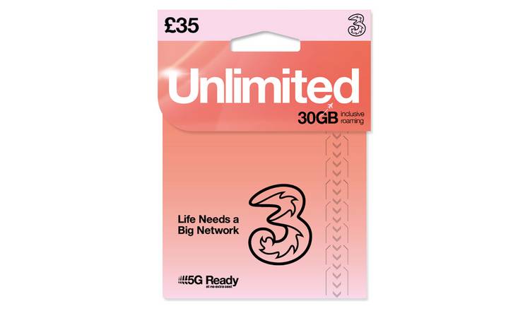 Three Unlimited New Pay As You Go SIM Card