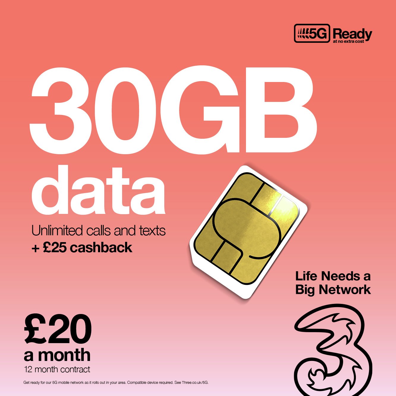  Three 30GB Data 12 Month Contract SIM Card