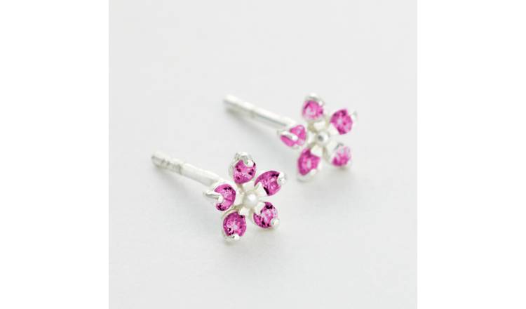 Revere Kids Sterling Silver Pink Cubic Zirconia Petals Flower Stud Earrings