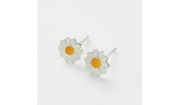 Revere Sterling Silver Yellow and White Enamel Daisy Stud Earrings