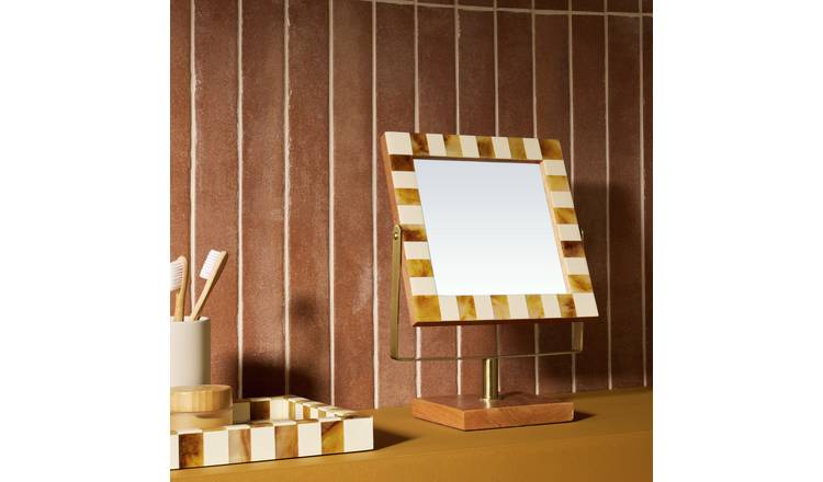 Habitat Chequered Natural Wood Bathroom Mirror - 28x12cm