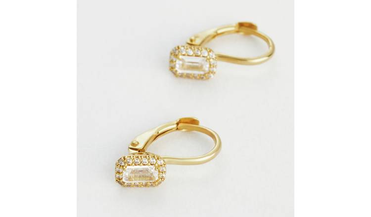 Revere Gold Plated Sterling Silver Emerald Cut Cubic Zirconia Halo Drop Earrings
