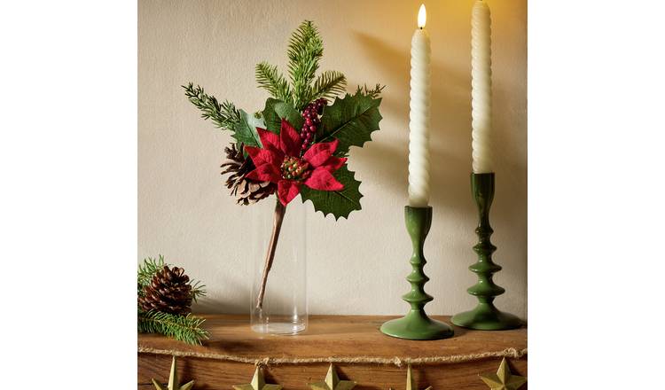 Argos Home Red Poinsettia Berry & Pinecone Country Style Christmas Pick