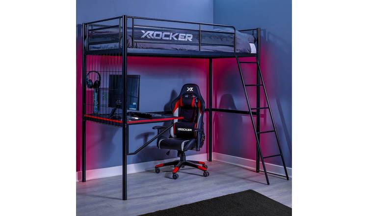 X Rocker Icarus XL Single High Sleeper Bunk Bed Frame with Desk - Black & Red