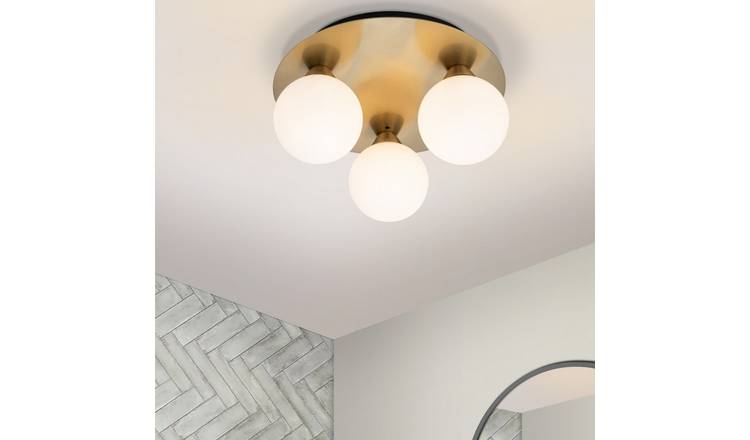 Cosylyte Bowen Bathroom 3 Light Classic Opal Glass Ceiling Light - Brushed Brass