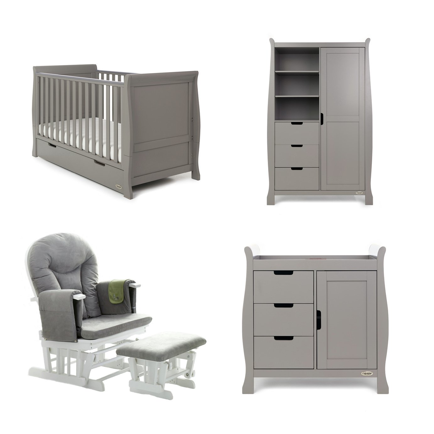 Obaby Stamford Classic 3 Piece Set & Glider Chair Taupe Grey