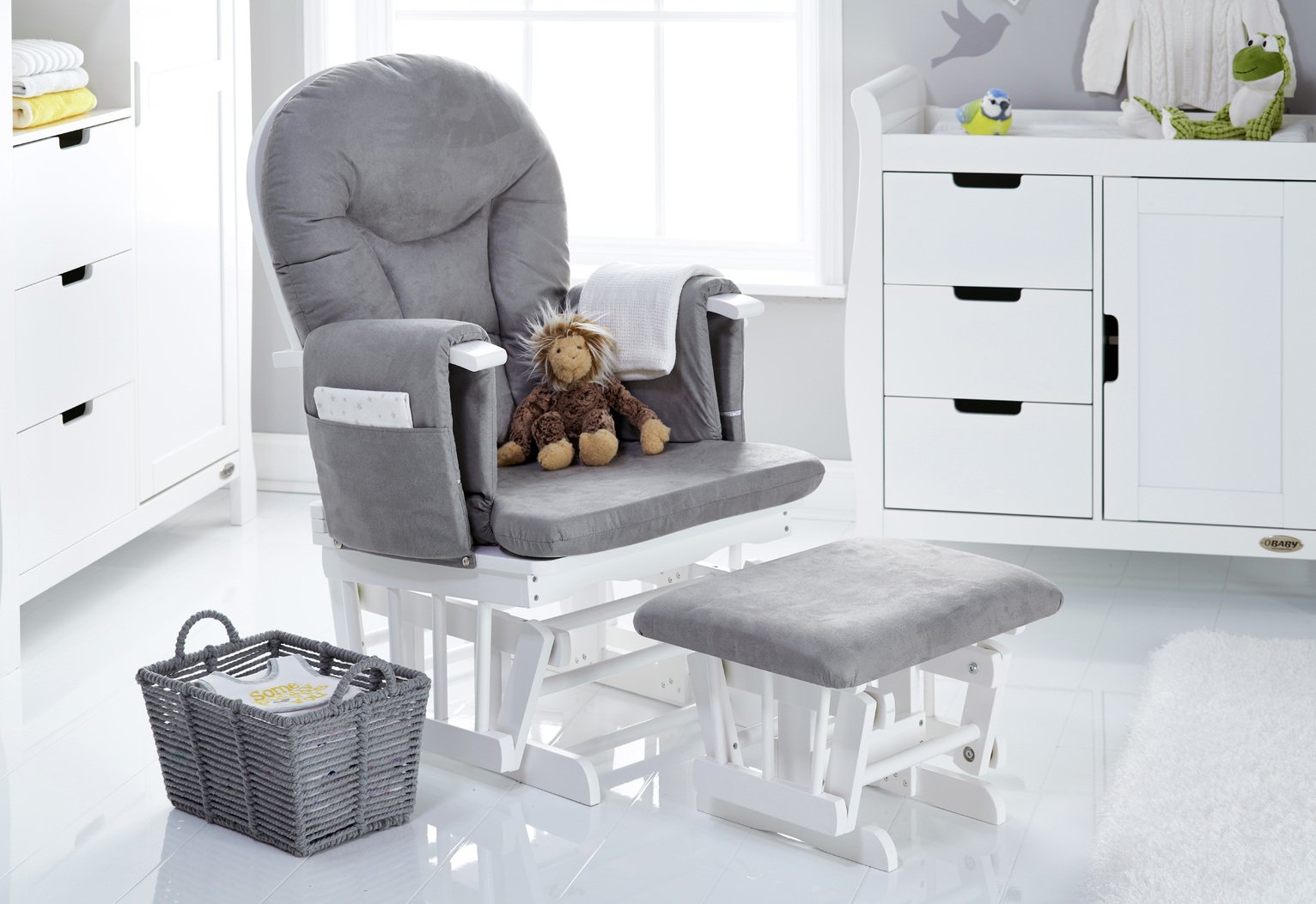 Obaby Reclining Glider Chair and Stool - White & Grey