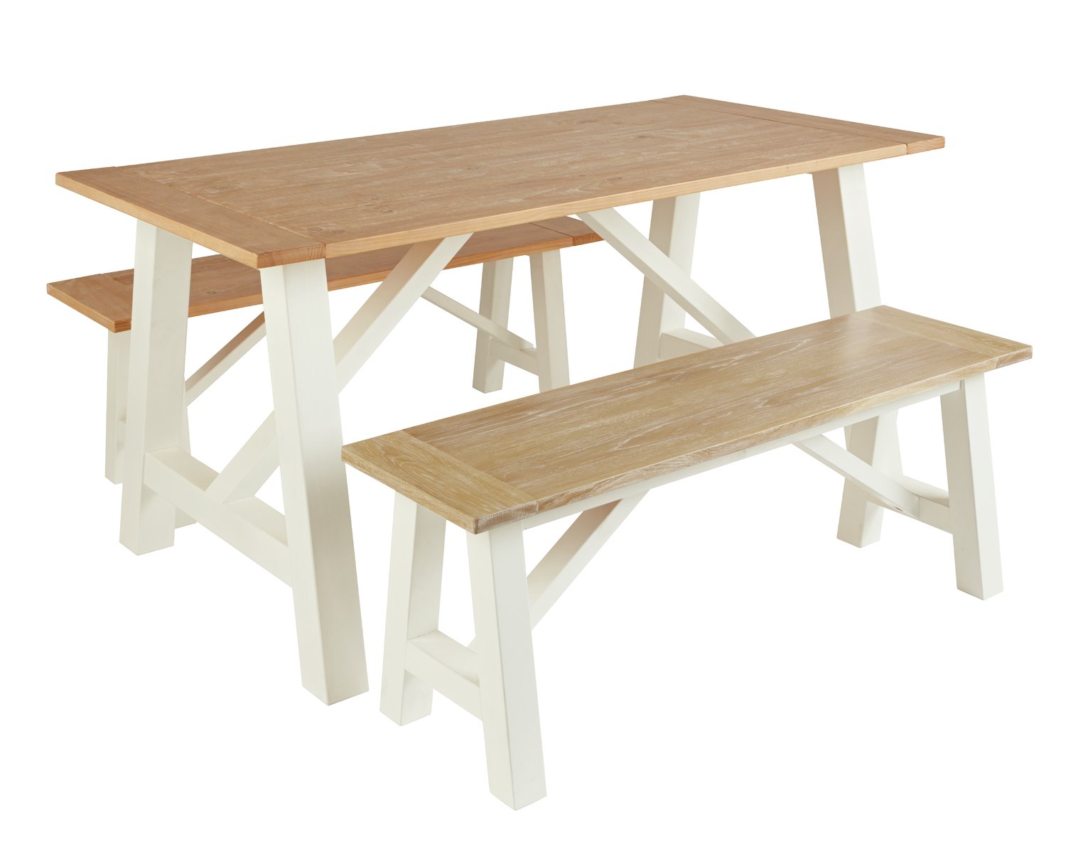 Argos Home Farmhouse Oak Effect Table & 2 Two Tone Benches