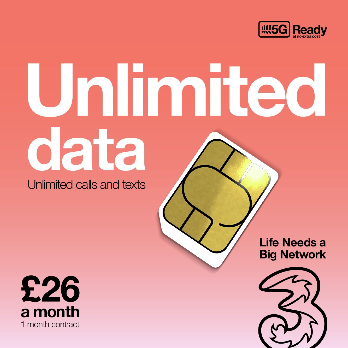 Three Unlimited 1 Month Contract SIM Card