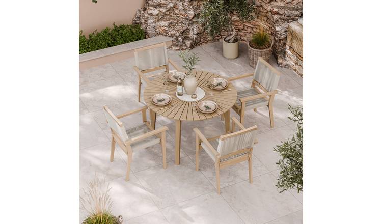 Royalcraft 4 Seater Round Wood Rope Stacking Dining Set - Natural Wood