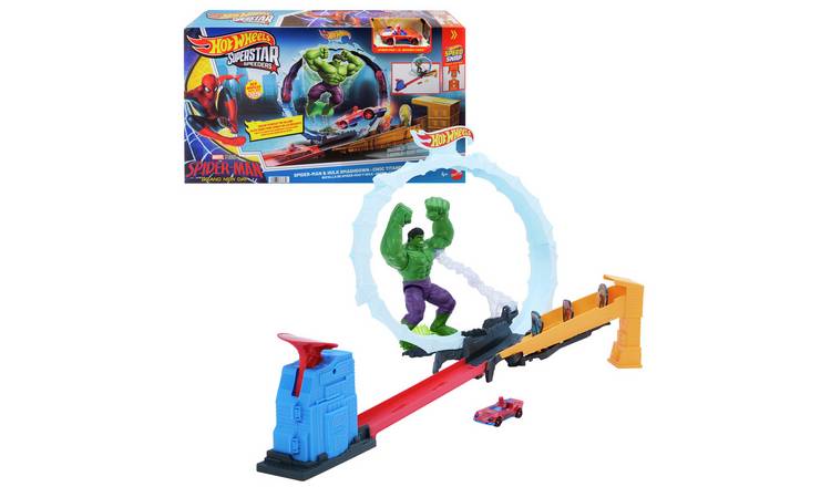 Hot Wheels Superstar Speeders Spider-Man & Hulk Smash Down Track Set