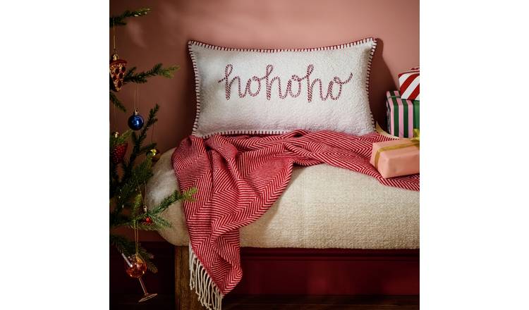 Argos Home Ho Ho Ho Candy Cane Stripe Slogan Cushion White - 50x30cm