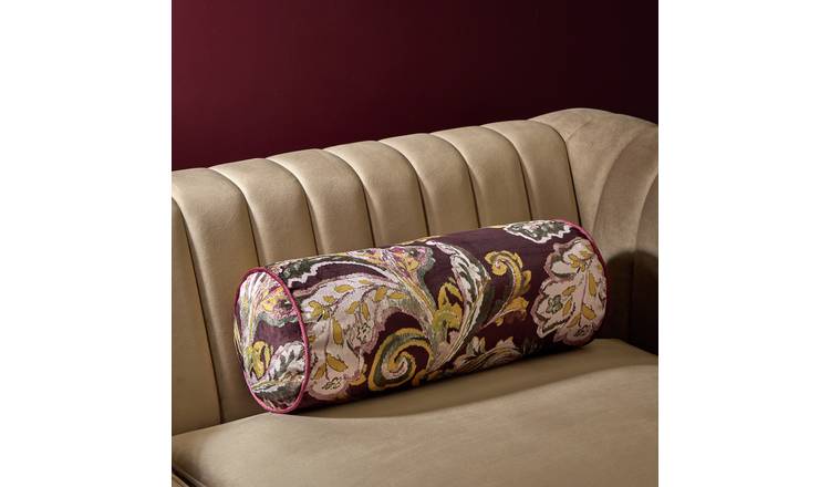 Habitat Chenille Paisley Floral Print Velvet Bolster Cushion Purple - 50x20cm