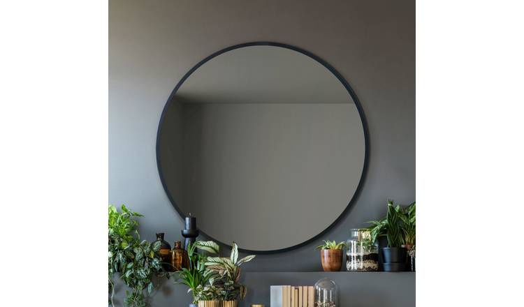 MirrorOutlet Fenestra Black Metal Round Wall Mirror - 100cm