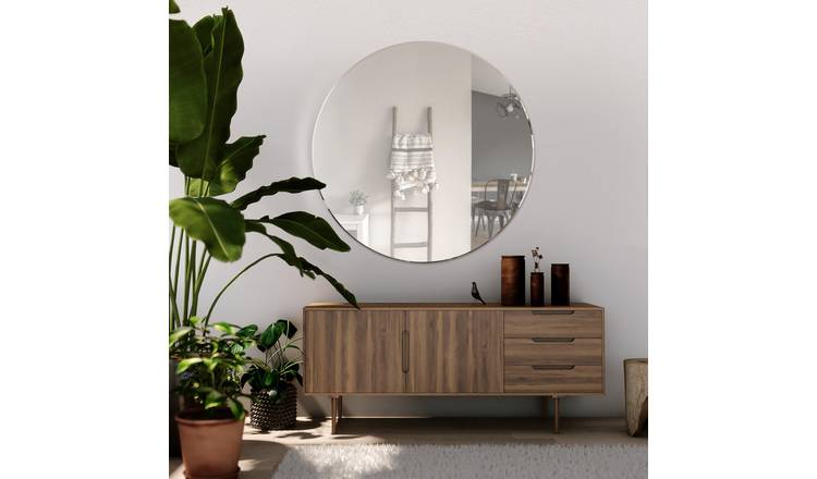 MirrorOutlet Black Frameless Wood Round Wall Mirror - 100cm