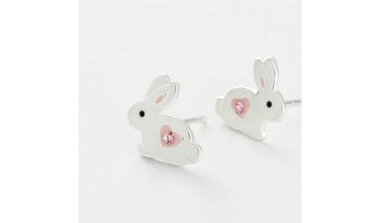 Revere Sterling Silver Pink Crystal White Enamel Bunny Stud Earrings
