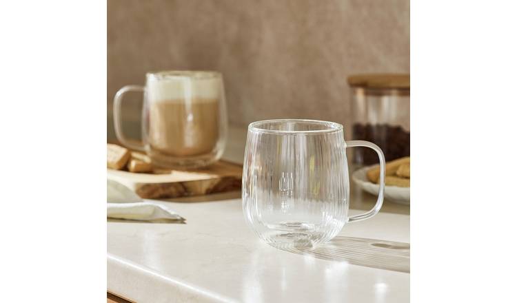 Argos Home Set of 2 Ribbed Glass Mugs - Clear