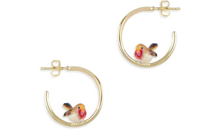  Bill Skinner Enamel Robin Hoop Earrings