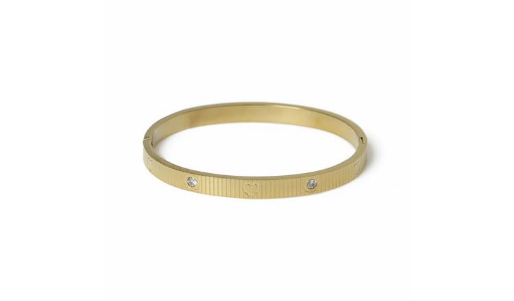 Freedom Gold Tone Stainless Steel Heart Motif and Crystal Bangle