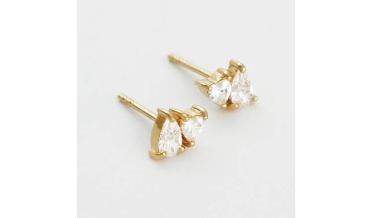 Revere Gold Plated Silver Pear and Heart Shaped Cubic Zirconia Stud Earrings
