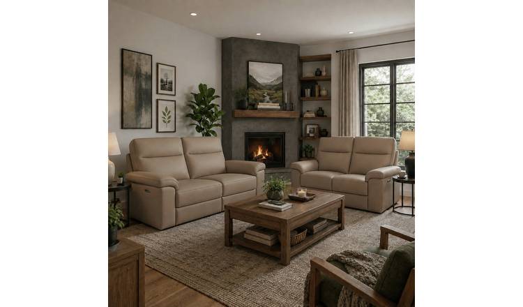 Aspire Toronto Leather 3 & 2 Seater Power Recliner Sofa - Mushroom