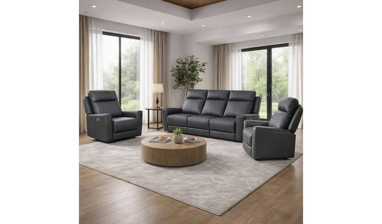 Aspire Elmhurst Leather 3, 1 & 1 Seater Power Recliner Sofa - Charcoal