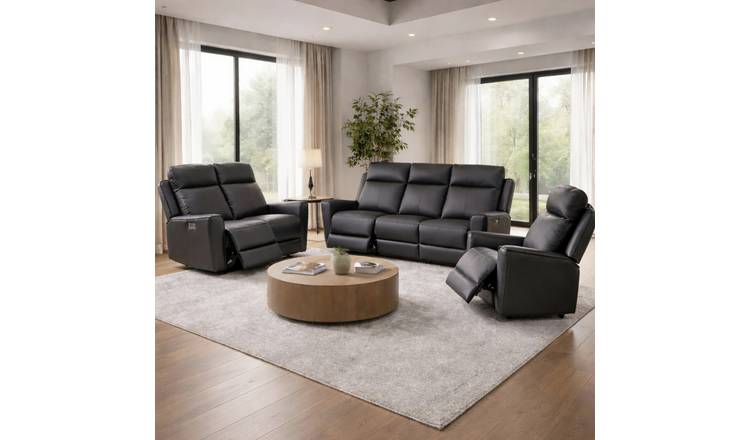 Aspire Elmhurst Leather 3, 2 & 1 Seater Power Recliner Sofa - Charcoal