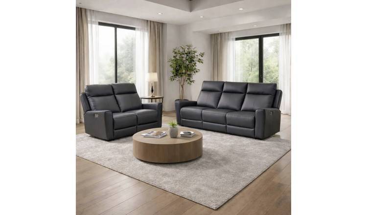 Aspire Elmhurst Leather 3 & 2 Seater Power Recliner Sofa - Charcoal