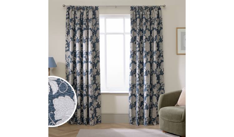 Argos Home Traditional Floral Blackout Pencil Pleat Curtain - Navy - 168x229cm