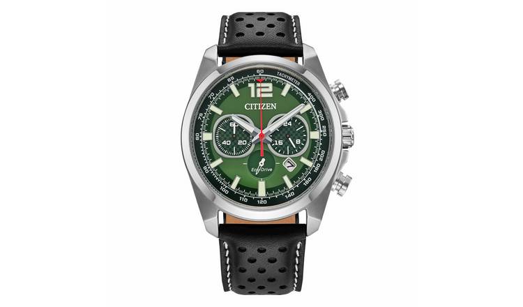 Citizen Men's Eco Drive Green Dial Black Leather Strap Watch