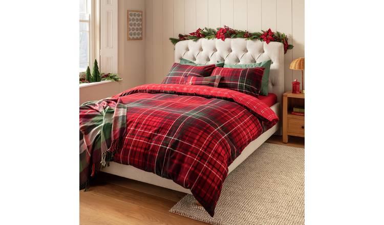 Argos Home Cotton Brushed Red Check Bedding Set - Single
