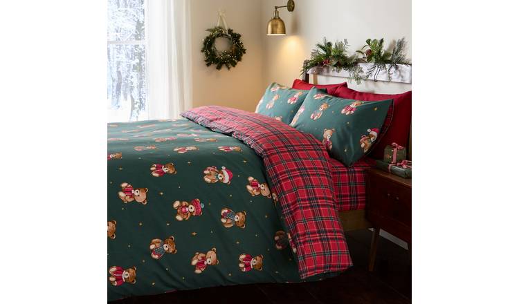Catherine Lansfield Christmas Tartan Bear Green Bedding Set - Single