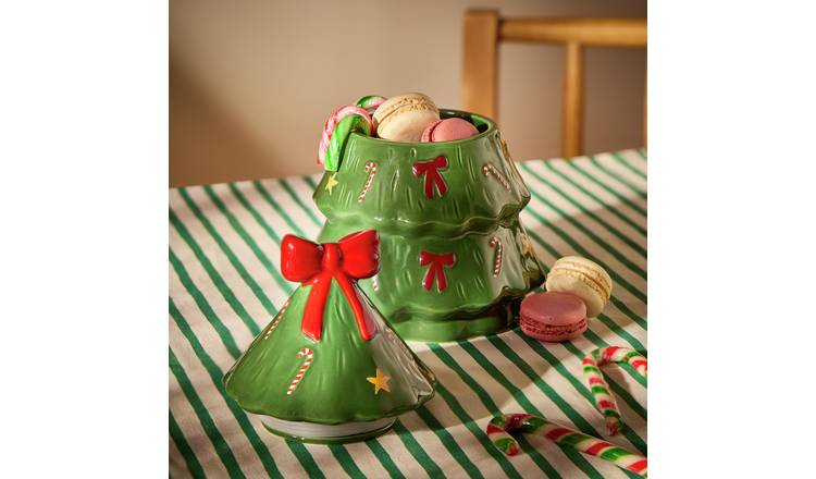 Argos Home Christmas Tree Shaped Stoneware Treat Jar - Green