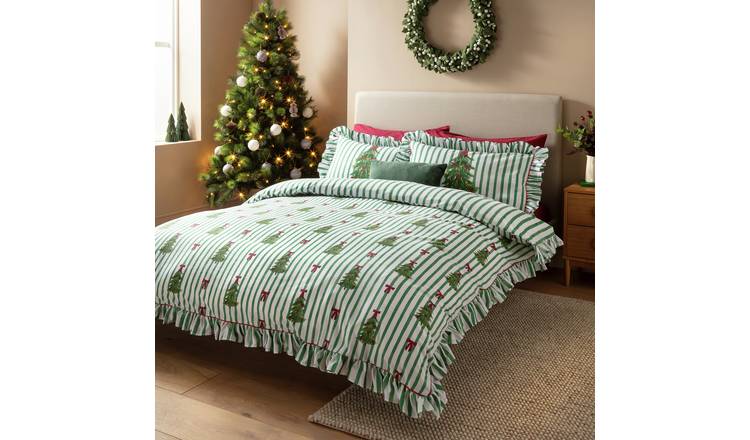Argos Home Christmas Ruffle Stripe Trees Green Bedding Set - King size