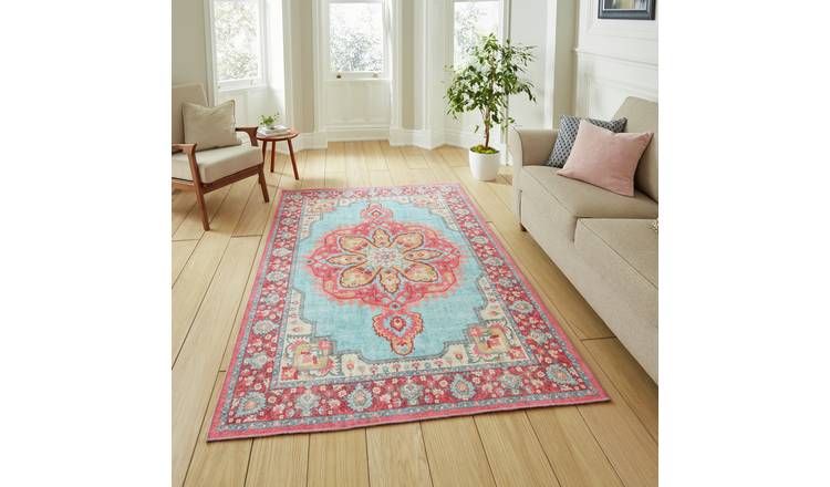 Think Rugs Zahra Floral Blue and Red Runner - 61x230cm