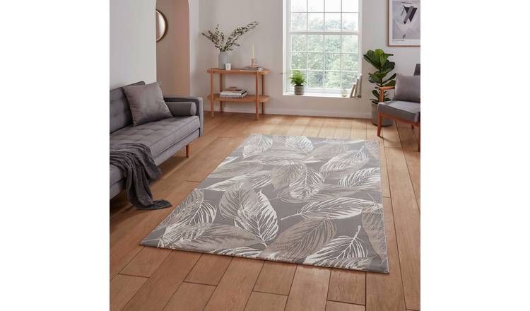 Think Rugs Flores Leaf Grey Rug - 160x230cm
