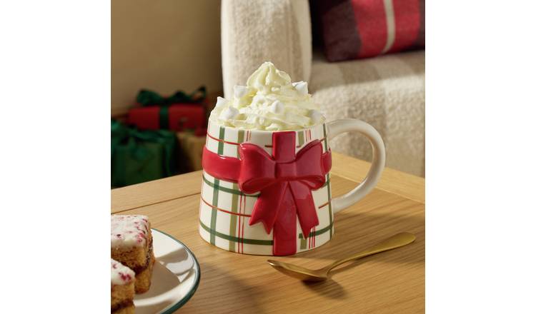 Argos Home Gingham Check Bow Stoneware Mug - Red