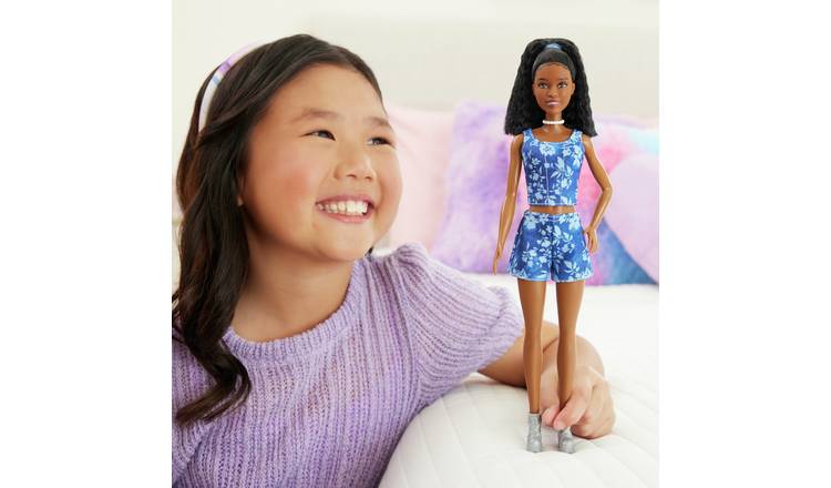 Fashionistas Style Doll in Blue Floral Shorts & Top, Black Hair
