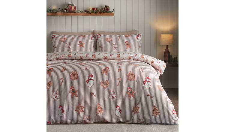 Catherine Lansfield Christmas Gingerbread Stripe Pink Bedding Set - King size