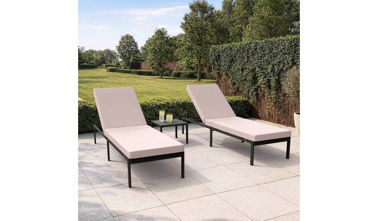 VonHaus Set of 2 Steel Sun Loungers with Table - Beige