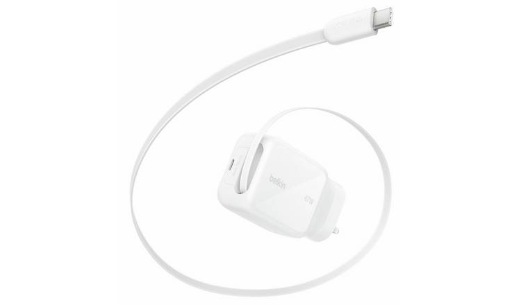 Belkin 67W USB-C Fast Wall Charger with 1m USB-C Retractable Cable - White