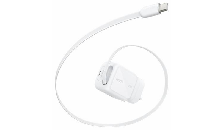 Belkin 45W USB-C Fast Wall Charger with 0.8m USB-C Retractable Cable - White
